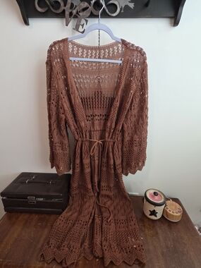 SHEIN Curve Open Crochet Knit Long Cardigan in Rust